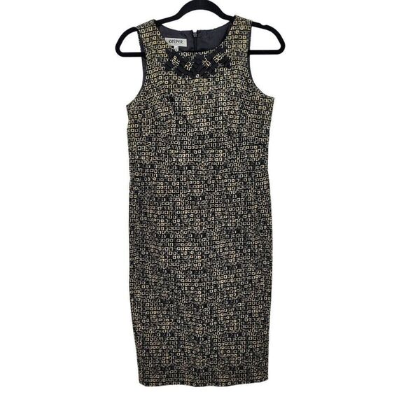 Kasper Geometric Print Sleeveless Sheath Dress 6 Black Brown 3D Ribbon Neckline - Picture 5 of 11